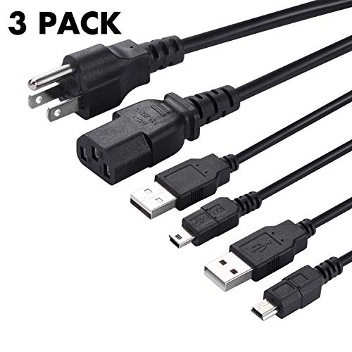 PS3 Controller Charging Cable Set, 2 Pcs PS3 Wireless Controller Charge & Sync Cords, 10 ft Mini USB Plug & Play Cables with 5 ft PS3 Power Cord for PS Move / PS3 Slim/Playstation 3 Controller