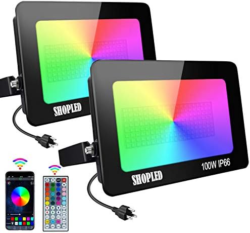 SHOPLED 2 Pack 100W RGB LED Flood Mild Bluetooth Sensible Outside Coloration Altering Led Floodlights 16 Million Colours IP66 Waterproof Dimmable Distant Uplighting for Backyard Panorama Occasion Stage Lights