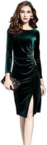 Women's Long Sleeve Green Velvet Dress - Crewneck Bodcon Cocktail Dress (2XL, Green)