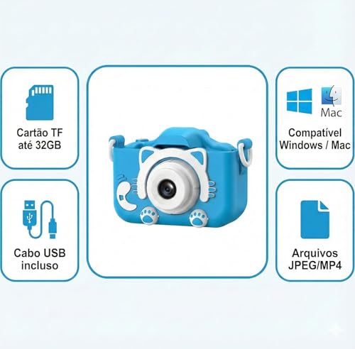 Câmera Digital Infantil Gatinho Recarregável, Azul | Bateria USB, Gravação de Fotos e Vídeos HD, Design Seguro e Resistente, Antichoque, Presente Educativo e Divertido