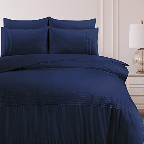 Bronwen Mathews Pintuck Pleated Double Duvet Set Navy Striped Pleat Soft Microfibre Double Bed Quilt Cover with 2 Pillowcase,Easy Care Wrinkle Free Double Bedding Set of 3 Pcs (Navy, Double)