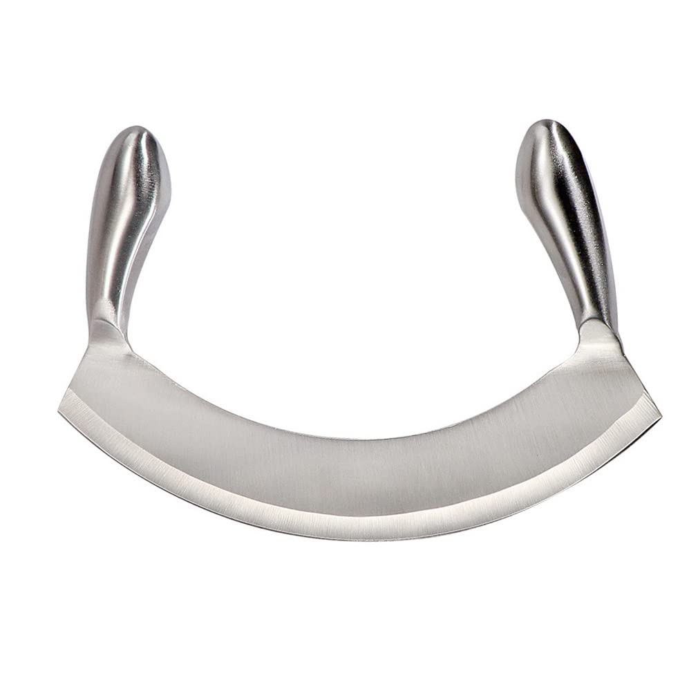 Photo 1 of 8.7 Inch Stainless Steel Mezzaluna Knife - Salad Chopper Rocker Pizza Cutter Rocker Knife Curved Blade Sharp Blade Double Handle Fruit Vegetable Mincing Knife
