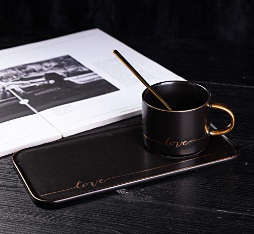 TJ Gobal Porcelain Coffee Mug, Tea Cup with Saucer and Golden Spoon with Gold Scripted Love and Trim for Espresso, Hot Chocolate, Cappuccino, and Latte, 8 Oz. (Black) - Thumbnail 4