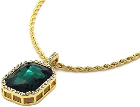 POPLife Men's Golden Tone Iced Out Green Red Crystal Octagon Pendant Hip-Hop 24" Rope Chain