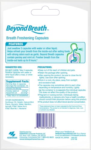 BEYOND BREATH BREATH FRESHENING CAPSULES, FRESHER BREATH FROM INSIDE-OUT, EVEN WORKS ON BAD BREATH FROM GARLIC, LASTS UP TO 8 HOURS, 50 CAPSULES