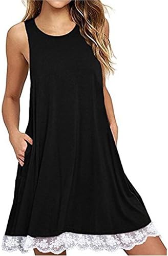 Mini Dress,Kstare Summer Women O Neck Casual Lace Sleeveless Above Knee Dresses Loose Party Ladies Short Beach Dress (XL, Black)