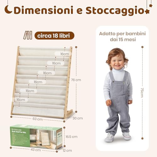 Libreria Montessori per Bambini Con 6 Scomparti in Tessuto Oxford - Libreria per Bambini in Legno Naturale - Libreria Montessori Con Bordi Arrotondati e Design Spazio-Saving(Naturale)