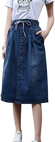 Jenkoon Women's High Waisted A-Line Midi Denim Skirt Causal Pleated Skirt