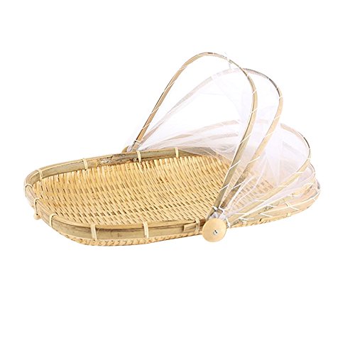 Hand-Woven Bug- proof Basket Dustproof Sun Basket Handmade Fruit Vegetable Bread Cover Picnic Basket with Gauze Ksruee