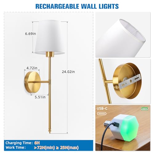 NIORSUN Battery Operated Wall Sconce Set of 2,Gold Rechargeable Wall Lights with 5200mAh Dimmable Bulbs and Remote,10 Colors Wireless Wall Lamps for Bedroom Living Room Hallway Decor