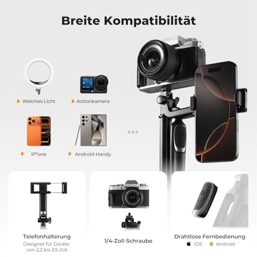 K&F Concept Selfie Stick 180 cm Self-Extending 4 Legs 360° Handle | 1/4" Gewinde inkl. Schraube, ohne Schnellverschluss-Halterung, kompatibel mit iPhone/Samsung/DJI Pocket/GoPro/Insta360, A702