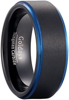 GOLDAYS 8mm Black Tungsten Carbide Wedding Band Ring with Blue Stepped Edge Matte Finished Comfort Fit (14)