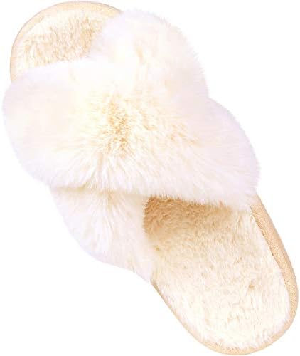 Comwarm Women's Cross Band Fuzzy Slippers Fluffy Open Toe House