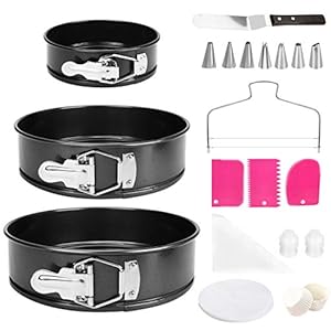 Springvorm Cakevormen Set Van 3 (4″/7″/9″) Welltop Anti-aanbak Lekvrije Cheesecake-pannen met Verwijderbare Losse Bodem 100 Stuks Taartversieringsbenodigdheden met Spatels spuitzak Muffinbekervormen