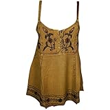 Mogul Interior Women's Spaghetti Strap Blouse Tank Yellow Embroidered Gypsy Boho Tops S/M