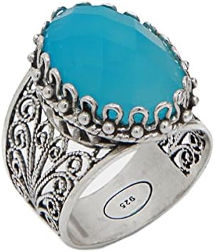 925 Sterling Silver Blue Agate Oval Filigree Ring (Size 5 - 11) (6.5)