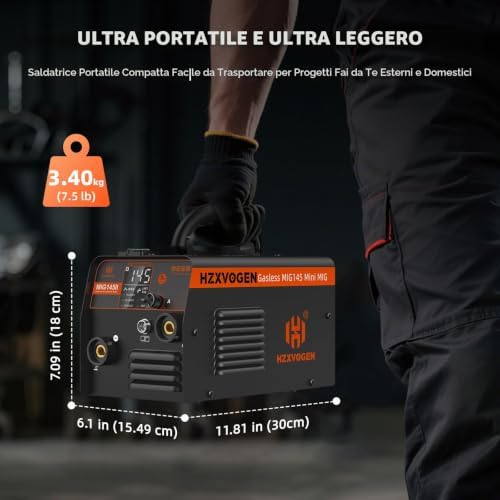 MIG145II 145A Saldatrice a Filo Continuo No Gas, 3 in 1 MIG/ARC/Lift TIG, Avanzamento Filo Sinergico, IGBT Inverter, Display LED, Compatta per Principianti & Hobby Domestico