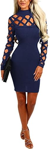 Women's Sexy Long Sleeve Hollow Out Clubwear Bandage Bodycon Party Mini Evening Dress (X-Large, Navy blue.)