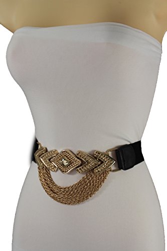 TFJ Women Fashion Belt Gold Metal Chain Long Buckle Hip High Waist Elastic S M