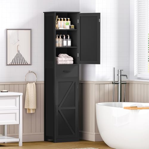WEENFON Tall Bathroom Cabinet with 6 Shelves, Narrow Bathroom Storage with 2 Doors, Narrow Storage Cabinet, for Bathroom, Living Room, Kitchen, Black, 30×40×170CM