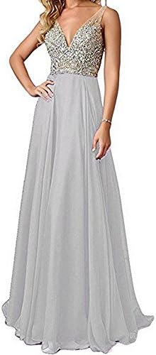 QSYE Women's Beaded Prom Dreeses Long V-Neck Chiffon Evening Gowns 2017 Silver,16