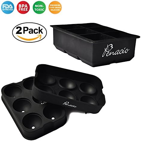 Premium Silicone Ice Tray Combo - Molds 6 Large Round Ice Ball Spheres &amp; 6 Large Square Ice Cubes To Enjoy Your Drinks With - Practical Non-Stick Design - Food Grade Silicone - BPA Free &amp; FDA Approved