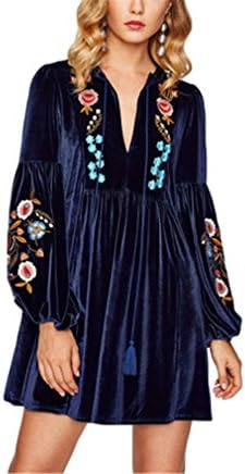 KYRENE Tasseled Tie Bishop Sleeve Embroidery Velvet Dress Navy Long Sleeve V Neck A Line Dress Fall Women Dresses Navy Blue L