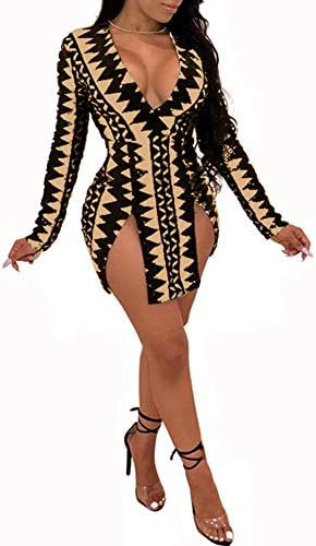 alignmentpai Women's Dresses Triangle Print Deep V Long Sleeve Split Sexy Bodycon Mini Dress for Party Yellow XL