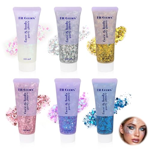Set of 6 Body Glitter Gel, Glitter Gels, Face and Hair, Chunky Holographic Glitter for Makeup, Festival, Christmas, Easter, Party, Long-Lasting, Liquid Shimmer Gel for Eyes and Body