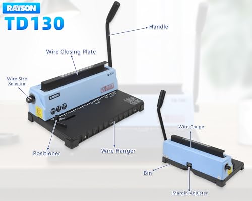 RAYSON Wire Binding Machine, 3:1 Pitch, 34 Square Holes, Binds up to 120 Sheets, Punches up to 12 Sheets, A4 Size, Manual Book Binder with Built-in Wire Closer – TD-130