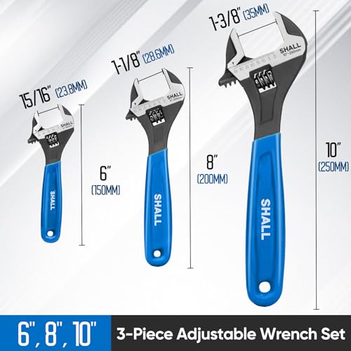 Shall Adjustable Wrench Set 3 Piece, 10/8/6 Inch Cr-V Steel Wrench with Padded Grip, Navy Blue, Laser Engraved for Home, Garage, Workshop and DIY