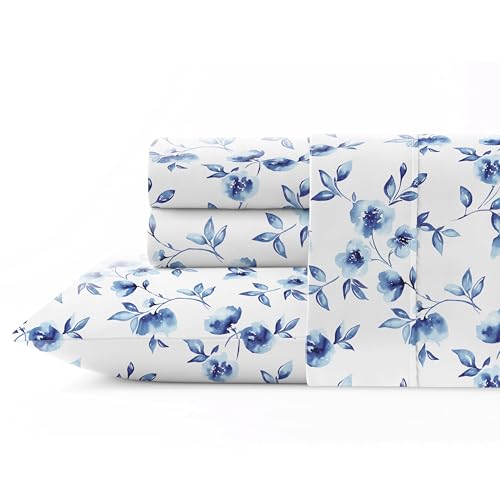 Pointehaven Water Petals White Printed Cotton Percale 4 pc Sheet Set, Queen