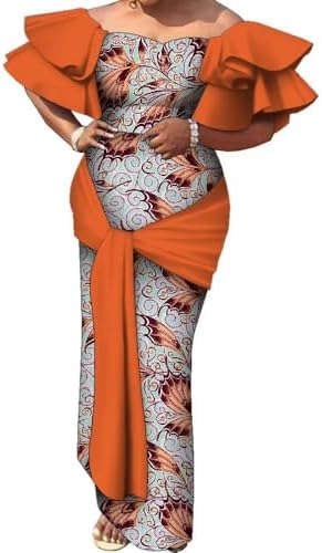 orange traditional dresses for ladies Women Orange Maxi Dresses Long Sleeves V-Neck Sash Layered Polyester Long  Dress