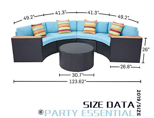 Incbruce Outdoor Sectional Sofa 5-Piece Half-Moon Patio Furniture Set | All-Weather Garden Sofa W/Round Tempered Glass Top Table, Sky Blue Cushions and Colorful Pillows - Thumbnail 2