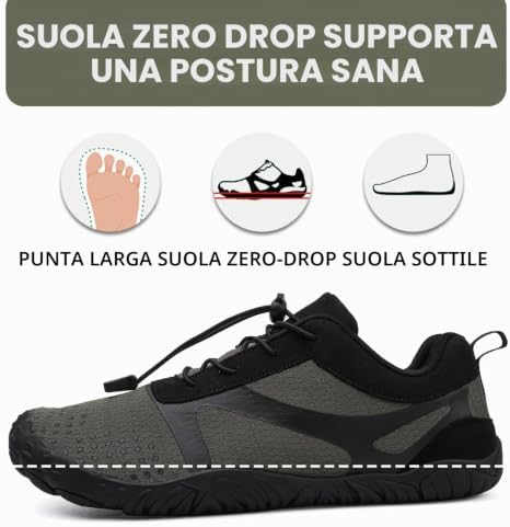 Scarpe Barefoot Minimaliste Uomo Donna Scarpe da Trail Running Outdoor e Indoor Antiscivolo Multisport Scarpe a Piedi Nudi Comode e Leggere Calzature da Escursionismo 42EU Nero/Grigio