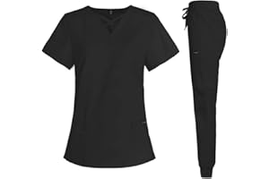 VIAOLI Scrubs for Women Set Modern V-Neck Top & 8 Pocket Jogger Pants Athletic Nursing Uniform Solid Stretch Workwear