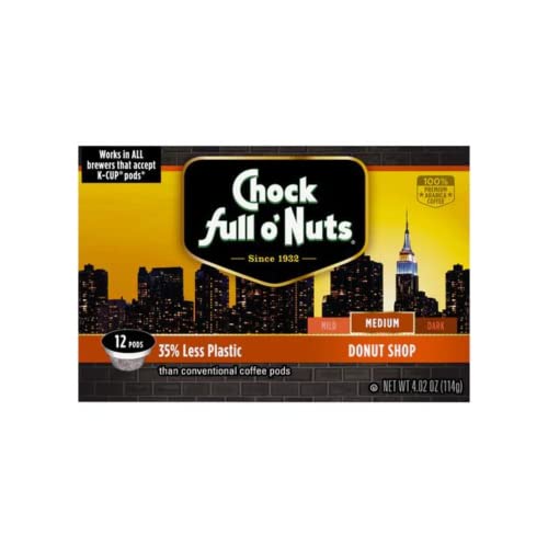 Chock Full O’Nuts Donut Shop Medium Roast, K Cup Compatible Pods, (72 Count) Arabica Coffee in