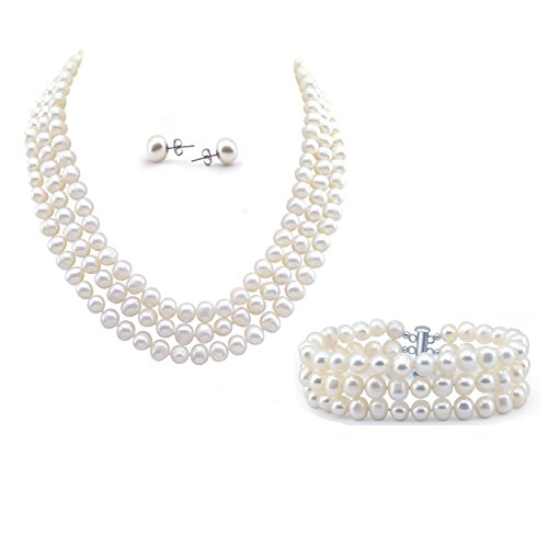 3-row white a grade freshwater cultured pearl necklace …
