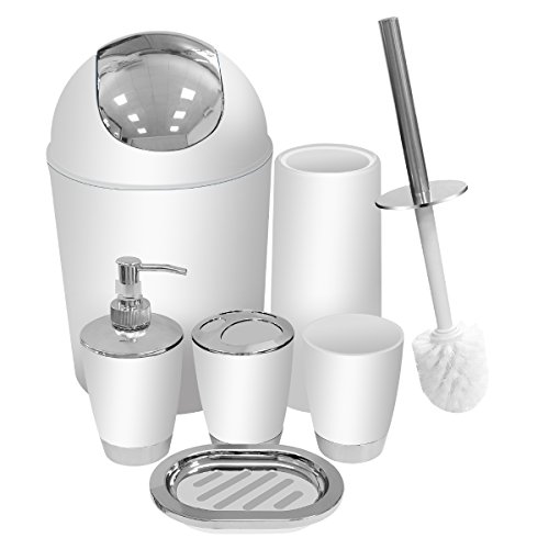 White Bathroom Accessories Set 6 Pieces Plastic Bathroom Accessories Toothbrush Holder, Rinse Cup, Soap Dish, Hand Sanitizer Bottle, Waste Bin, Toilet Brush with Holder - Thumbnail 7