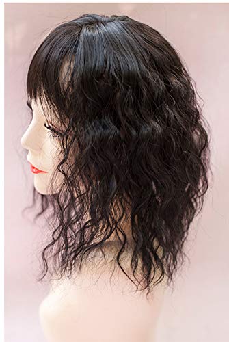 LE BI YOU 14 Inch Water Wavy Clip in Topper for Women with Bangs Synthetic Hair Middle Part Top Toupee Hairpiece for Hair Loss Thinning Hair (Thin Style, Natural Black)