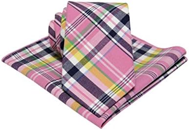 Mens Madras Plaid Tie Set : Necktie with Matching Pocket Square -Various Colors