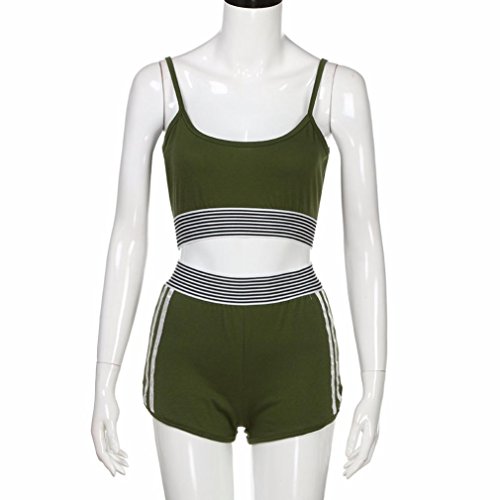 Women Sports Spaghetti Strap Crop Tank Top With High Waist Shorts Set,Sunward 2 Pieces Tracksuits (Green, S) - Thumbnail 3