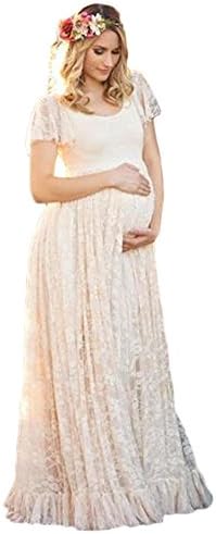 TSRJ Women's Short Wide Sleeves Empire Lace Lotus Hem Long Beach Wedding Dress for Pregnant White Large