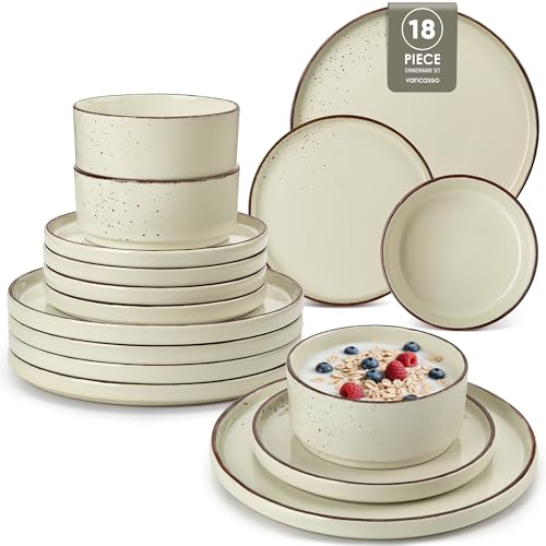 NAVIA - Vajillas Completas Moderna de Gres para 6 Personas, Juego de 18 Piezas - 6 Platos Llanos, 6 Platos de Postre y 6 Cuencos para Cereales - Apta para Microondas y Lavavajillas - Beige