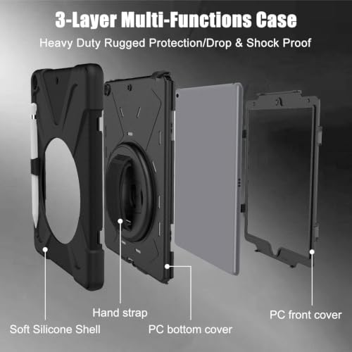 Gerutek Shockproof Case for iPad 9th/8th/7th Generation, 10.2 Inch, Rugged Armor Case with Rotating Stand, Hand Strap & Shoulder Strap, Pen Holder, Sleeve for iPad 10.2 Inch (2021/2020/2019), Black