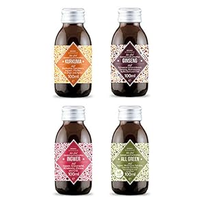 Organic Human Probierset 4 Sorten: Ingwer, Kurkuma, All Green, Ginseng (ein Bio Shot pro Sorte) – Bio & Vegan, 4x 100ml
