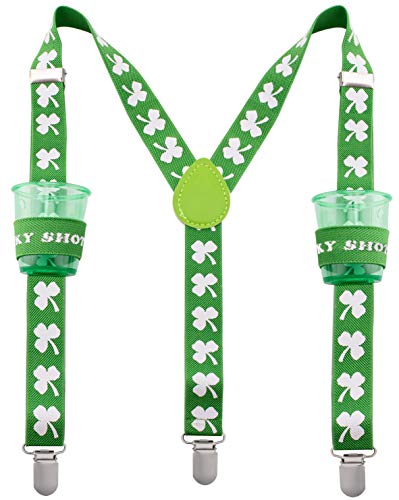 St Patricks Day Shot Suspenders - With 2 Lucky Shot Glasses - Fun Mens St Patrick Day Apparel - Many Styles to Choose From