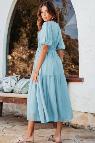 ALVAQ WOMENS DRESS FASHION 2024 CASUAL SHORT SLEEVE SMOCKED MIDI DRESS SUMMER HIGH WAIST FLOWY SWING BOHO LONG DRESSES LIGHT BLUE MEDIUM