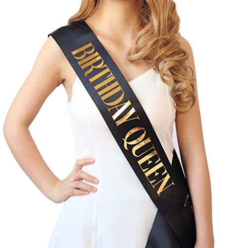 Docooniver Birthday Queen Sash for Women and Girls Black Birthday Sash with Gold Foil Lettering