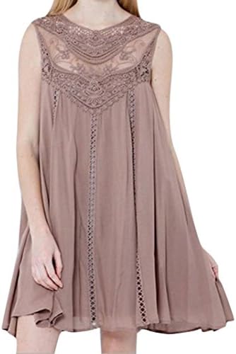 Women Casual Floral Chiffon Shirt Dress Tops Solid Lace Stitching O-Neck Sleeveless Chiffon Mini Dress (XX-Large(US12), Pink)